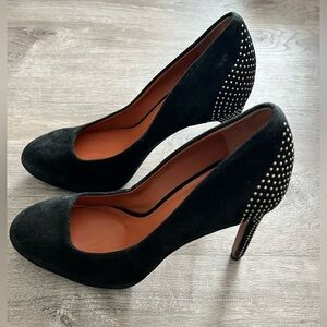 Rebecca Minkoff Azuma Black Suede gold Studded Platform Heels pumps Size 8.5